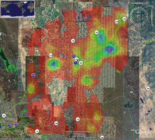 Geocache density plot using google earth of Sacramento, CA