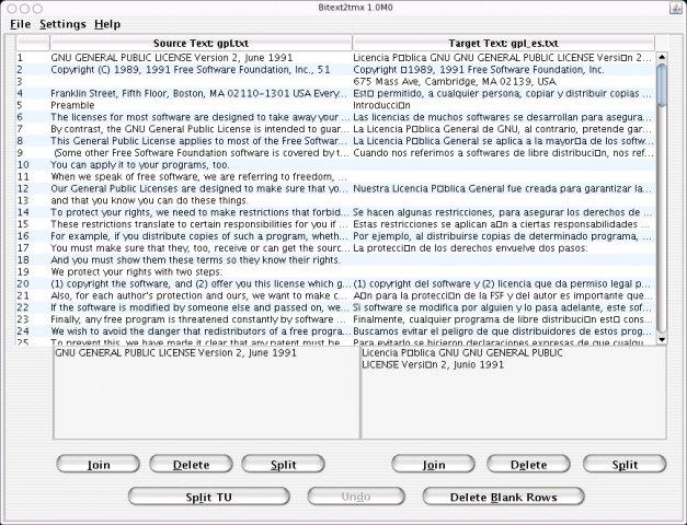bitext2tmx 1.0M0 at work on text read from text files