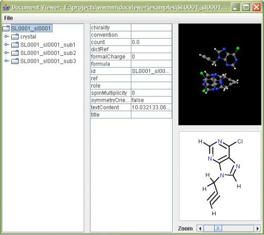 DocViewer showing a CML file in 2/3D & as a XML element tree