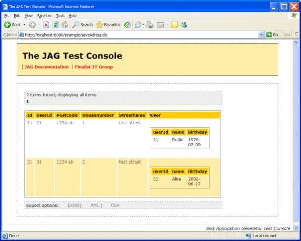 The generated web application with a master detail relation
